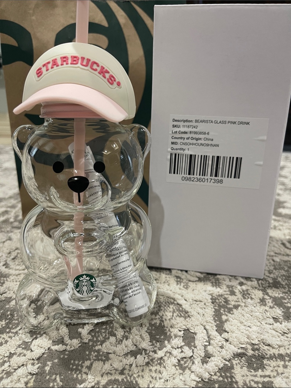 Starbucks BEARISTA Glass Tumbler with Pink Cap and Straw